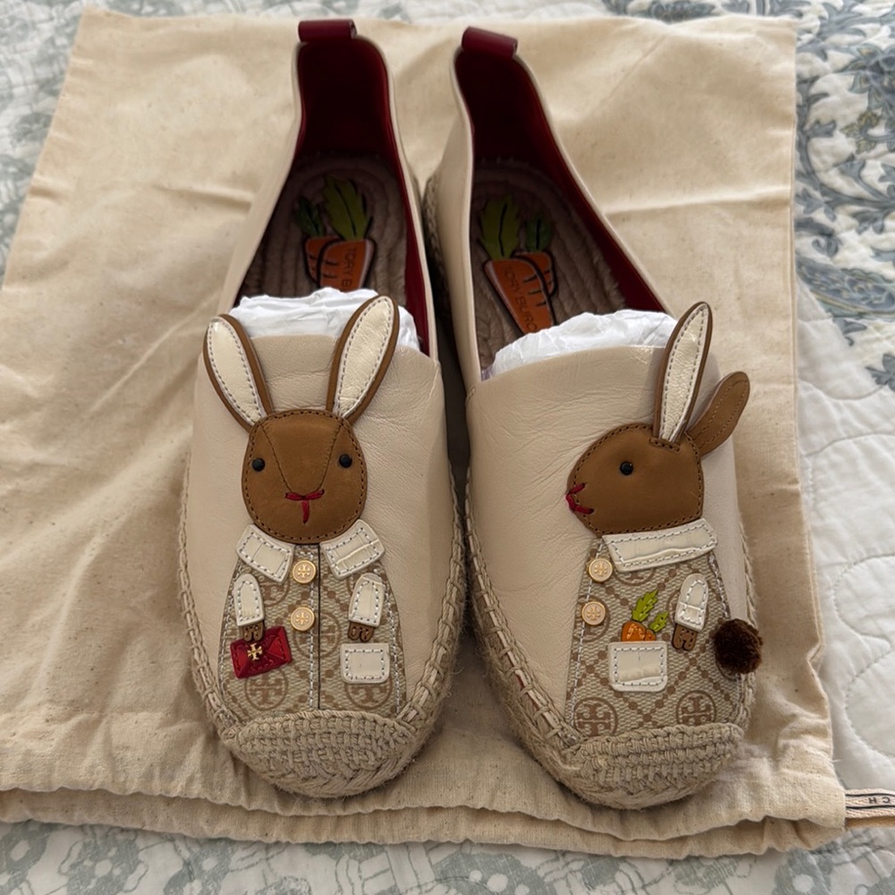 Tory Burch Cream and Brown Espadrilles with Bunny Design